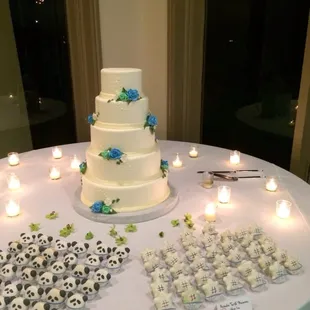 Macarons set up next to the wedding cake