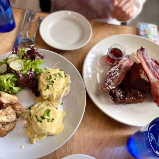 Eggs Benedict (left) and Deep Fried French Toast (right)