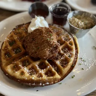 Waffle w/ Chicken braised &amp; fried, scrapple gravy, maple syrup