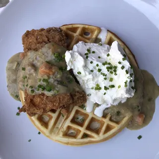 Waffle w/ Chicken braised & fried, scrapple gravy, maple syrup