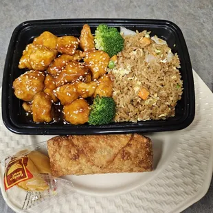 Sesame Chicken - - fried rice - pork egg roll