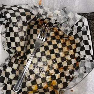 a dirty plate with a fork and knife