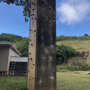 The rock climbing wall the kids climb on.