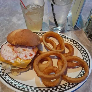 California  cheese burger, onion rings,and whiskey sour.