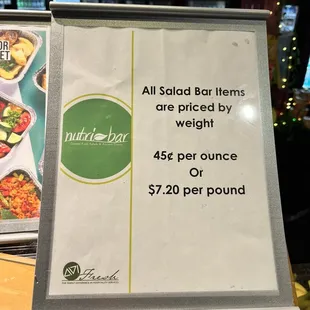 a menu for salad bar items