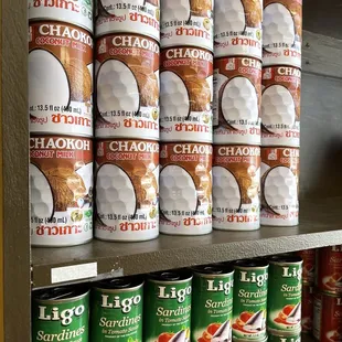 a shelf of canned food