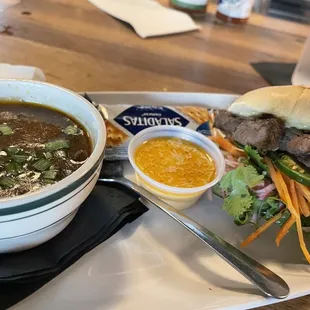 Viet-Tex-Banh-Mex-French Dip Steak Sandwich with a side of gumbo - lunch special