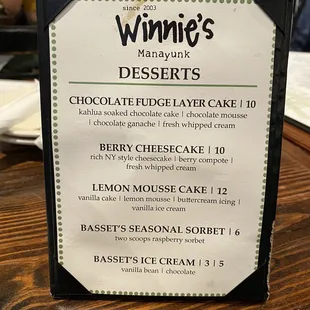 a menu for desserts