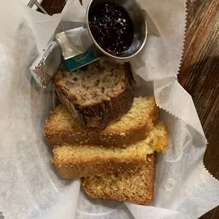 Raisin Bread and Corn Bread with Jam and Butter