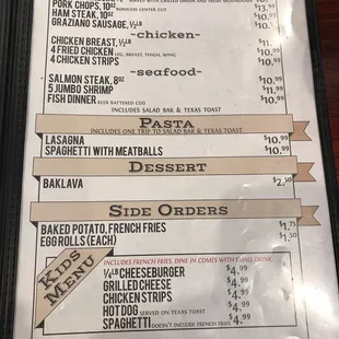 Dinner menu