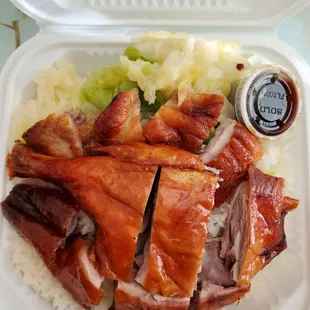 Roast duck rice plate- really tasty and the sauce on the side lets you decide how salty.