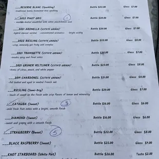 List of the red wines available at the time