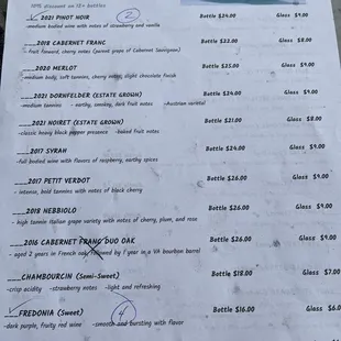 List of white wines at the moment