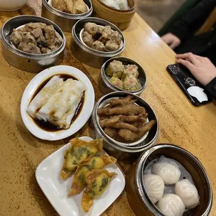 Steamed Spinach &amp; Shrimp Dumplings, Steamed Shrimp Rice Noodle, Siu Mai, Steamed Spare Ribs, Chicken Feet, Fried Shrimp &amp; Chives Dumplings