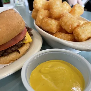 The double burger with tots.