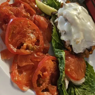 Walk of shame burger, no bun with tomatoes instead of fries