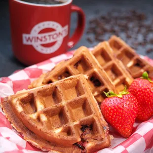 Winston's waffles and coffee with strawberries