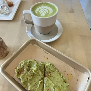 Avocado toast and a Matcha tea latte