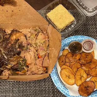 Not entirely sure. I know there's beef, plantains &amp; cake amongst other things.