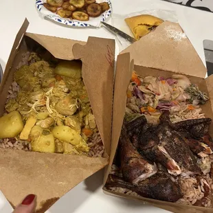 Curry chicken plate. Jerk chicken plate with amazing cabbage. Beef patty in the back and plantains!