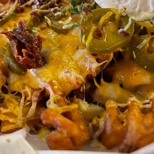 Loaded crisscut fries.  Bacon (real), cheese (real), onions (real), fries crispy as hell.   Magic.