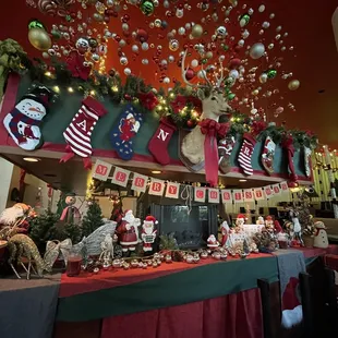 christmas decorations on the ceiling