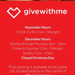 Current hours of operation from givewithme.com