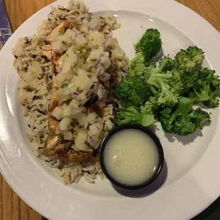 Grilled Salmon with pineapple salsa and wild rice pilaf