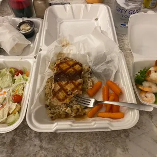 Salmon, garden salad, and cocktail shrimp.