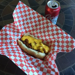 All beef hot dog with or without chili.