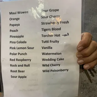 Shaved ice flavor menu