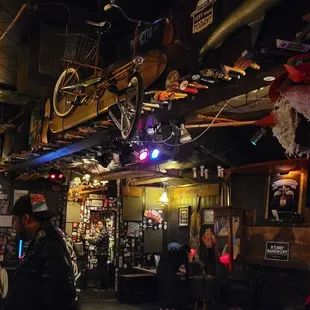 a bicycle hanging from the ceiling