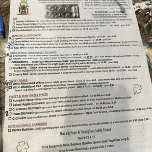 List of available wines for tasting