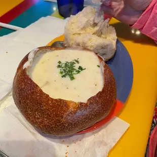 New England Clam Chowder in bread bowl
