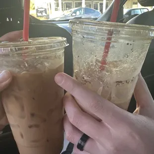 Left ( iced Carmel Latte) Right( iced eggnog latte with cinnamon)