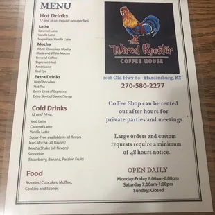 Wired Rooster Coffee House Menu.