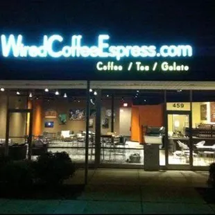 the entrance of a coffee shop