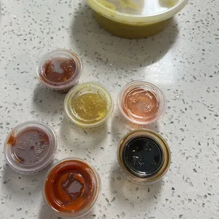 Lots of sauces which I asked for hot sauce so I was happy about that