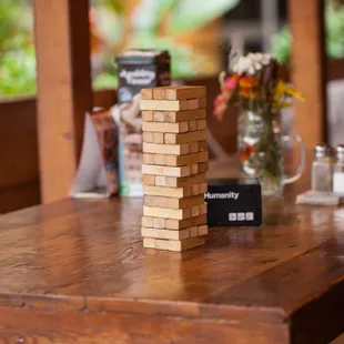 Jenga and board games on the patio