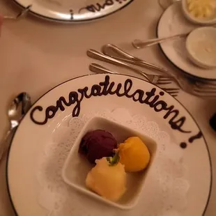 Blueberry mango lemon sorbet, and bread pudding