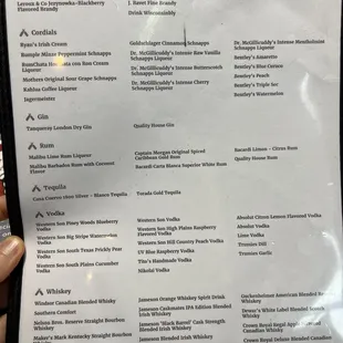 spirits menu