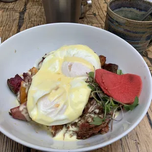 Farmers basket with eggs, veggies and barbacoa; and coffee