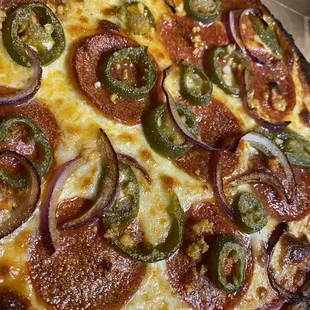 Pepperoni, jalapeño, onion, garlic