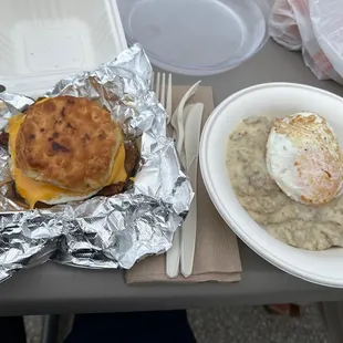 Scrapple sandwich and biscuits &amp; sausage gravy