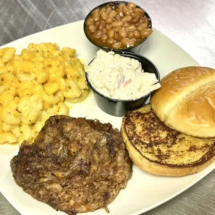 a hamburger, macaroni, and cheeseburger