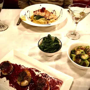 Salmon and scallops - they were kind enough to swap out the risotto for a few healthy sides at no extra charge