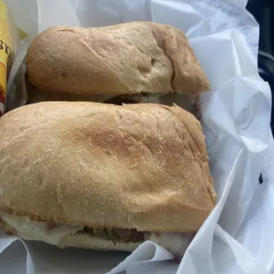 two sandwiches in a basket