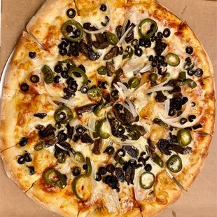 Create Your Own: black olives, jalapeños, onions and mushrooms