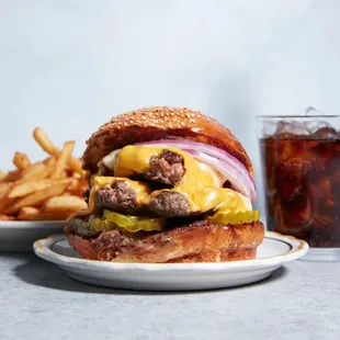 Double Stack Burger with Pastrami Jam and a side of french fries