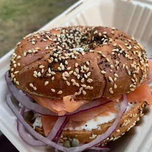 Everything seasoned bagel. Crusty.